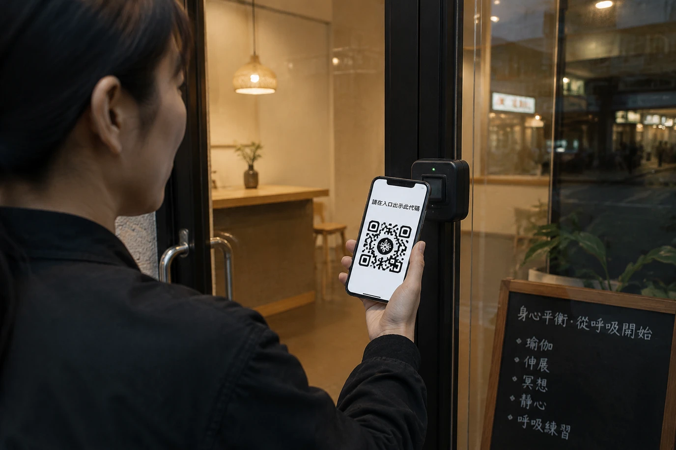 客人在香港場地門口出示手機 QR 掃碼入場
